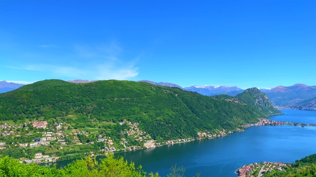 全景的高山湖卢加诺和山在一个晴朗的日子视频素材