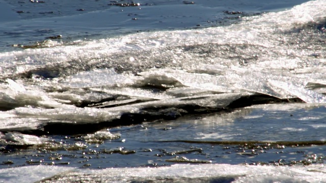 春天河水上漂浮着浮冰。冰漂流-在水流或风的影响下，河流和湖泊上的浮冰和冰原的运动。视频素材