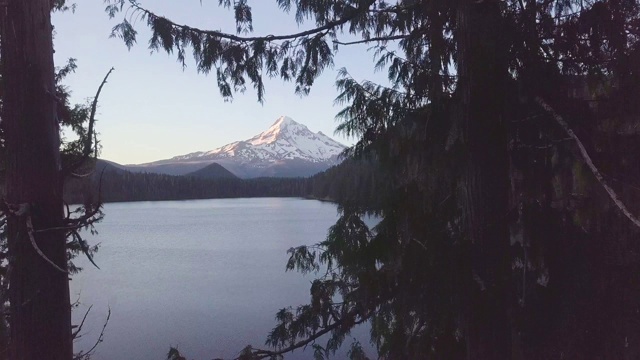 鸟瞰图，森林和火山在美丽的晴天。胡德山是喀斯喀特火山弧中活跃的成层火山。美国西北太平洋地区。美国俄勒冈州视频素材