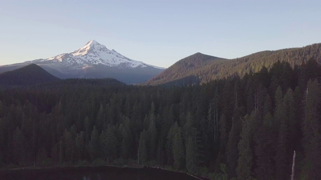 鸟瞰图，森林和火山在美丽的晴天。胡德山是喀斯喀特火山弧中活跃的成层火山。美国西北太平洋地区。美国俄勒冈州视频素材