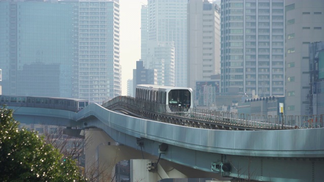 2018年1月18日，日本东京港区盐堂区，“Yurikamome”(东京滨水新干线滨水线)在高层办公楼和住宅楼之间的高架铁路上运行。视频素材