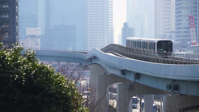 2018年1月18日，日本东京港区盐堂区，“Yurikamome”(东京滨水新干线滨水线)在高层办公楼和住宅楼之间的高架铁路上运行。视频素材