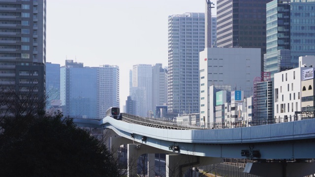 2018年1月21日，日本东京港区盐堂区，“Yurikamome”(东京滨水新运输滨水线)在高层办公楼和住宅楼之间的高架铁路上运行。视频素材