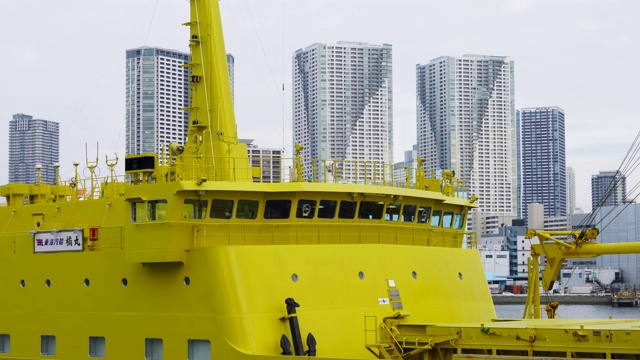 2018年1月19日，在日本东京港区的芝浦码头，客轮后面的丰和区有许多高层住宅楼。视频素材