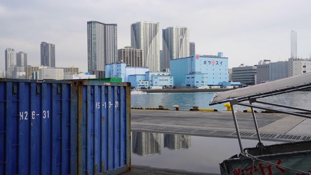 2018年1月19日，许多高层住宅建筑矗立在日本东京富佐区Koto区，从芝浦码头穿过运河。视频素材