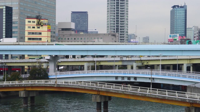 2018年1月19日，日本东京港区青浦码头附近的运河上，高架铁路“Yurikamome”(东京滨水新运输滨水线)在东京湾滨水沿线运行。视频素材