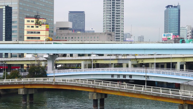 2018年1月19日，日本东京港区青浦码头附近的运河上，高架铁路“Yurikamome”(东京滨水新运输滨水线)在东京湾滨水沿线运行。视频素材