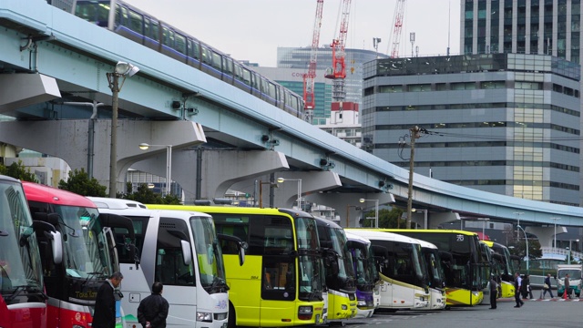 2018年1月19日，日本东京港区日出码头停车场，高架铁路“Yurikamome”(东京滨水新运输滨水线)在一排观光旅游巴士上方运行。视频素材