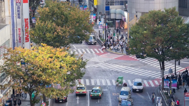 拥挤的人群和汽车交通交叉路口，东京旅游景点地标，日本旅游视频素材