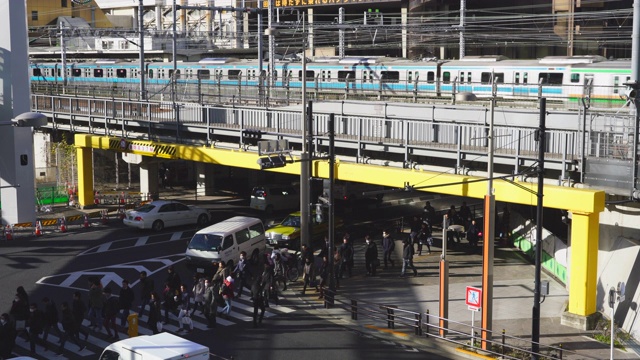 2018年1月25日，日本东京港区滨松町站附近，JR(日本铁路)新干线、山手线在高架铁路上运行。视频素材