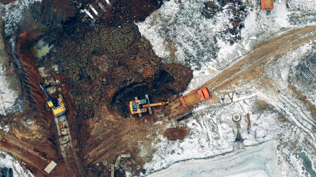 在建筑工地工作的工业机械。许多机器在采石场铲土。建筑挖掘机在工业采石场工作。视频素材