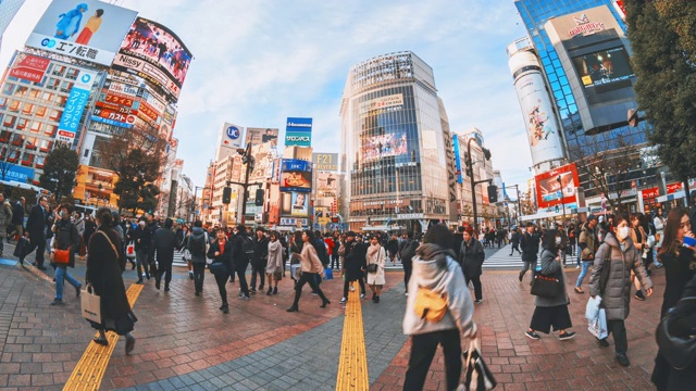 时间流逝，日本东京涩谷地区的日本游客和外国游客正走在人行横道上视频素材