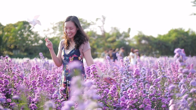 紫花农场里的女人快乐而有趣视频素材