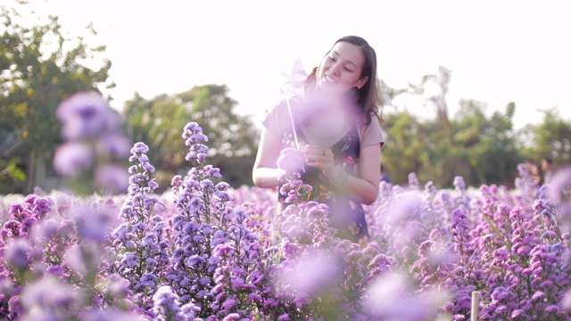 紫花农场里的女人快乐而有趣视频素材