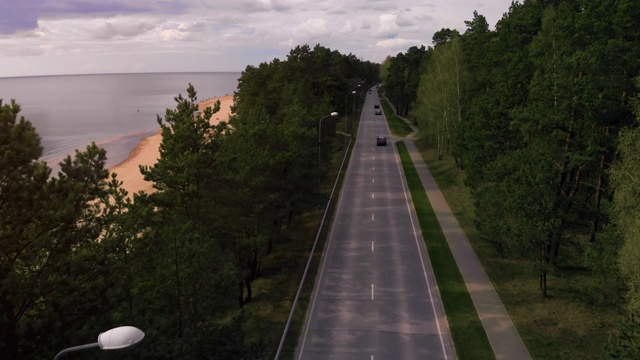 柏油路与汽车沿海在绿树之间视频素材