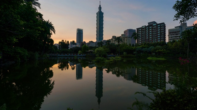 从夜晚到白天，台湾台北市商业区的时光流逝视频下载