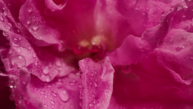 微距摄影拍摄的水滴雨滴在玫瑰花瓣浪漫爱情主题背景视频素材