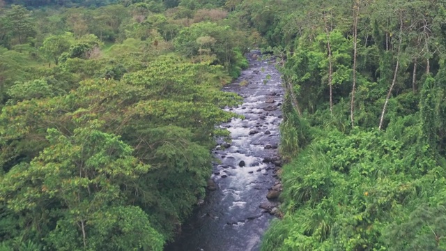 河流穿过热带雨林，阿雷纳尔火山国家公园，哥斯达黎加。空中无人机视图视频素材