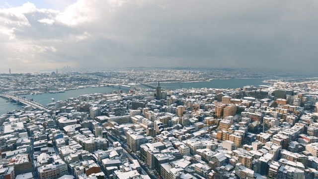 四周有加拉塔塔，雪景伊斯坦布尔，航拍录像视频素材