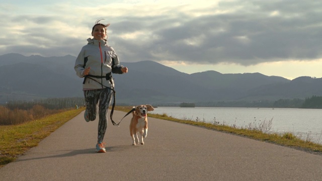 慢动作微笑的女人与小猎犬在柏油路与山的背景。运动和娱乐的概念。家养动物的概念。视频素材