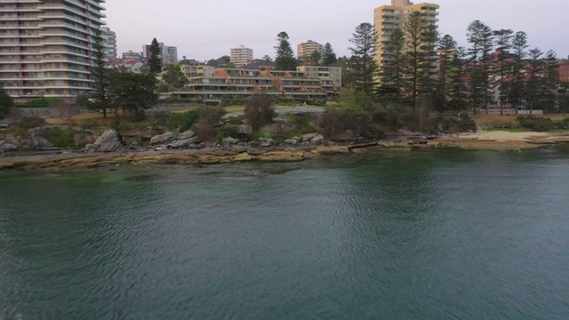 航拍的鸟在停泊在靠近建筑物的海上飞行，无人机从城市向后飞对天空-悉尼，澳大利亚视频素材