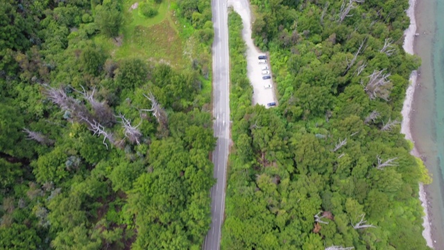 空中倾斜拍摄的道路在绿树成荫的城镇附近的湖，无人机上升森林附近的山脉-皇后镇，新西兰视频素材