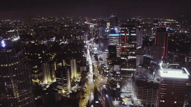 商业大厦，摩天大楼，商业中心，航拍，夜景，日落城市景观，交通和高速公路视频素材