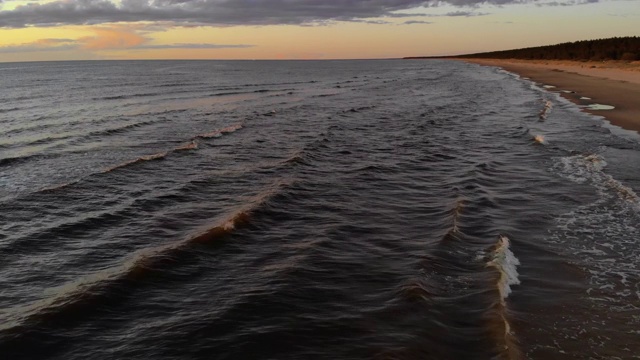 惊人的傍晚空中飞行沿着日落海滩美丽的波浪视频素材