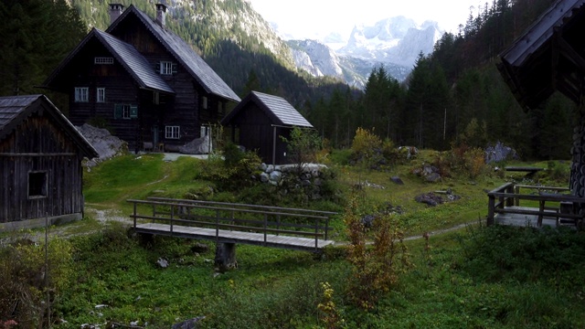 奥地利阿尔卑斯山草地上古老的传统木屋视频素材