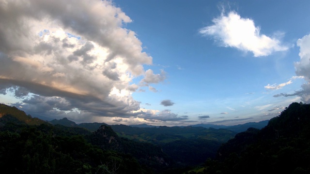 时间流逝运动的反射太阳和云移动在天空的傍晚背景山班加波，Mae Hong Son在泰国。视频下载