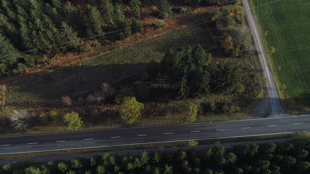 鸟瞰森林景观中一条遥远的道路-无人机拍摄视频素材
