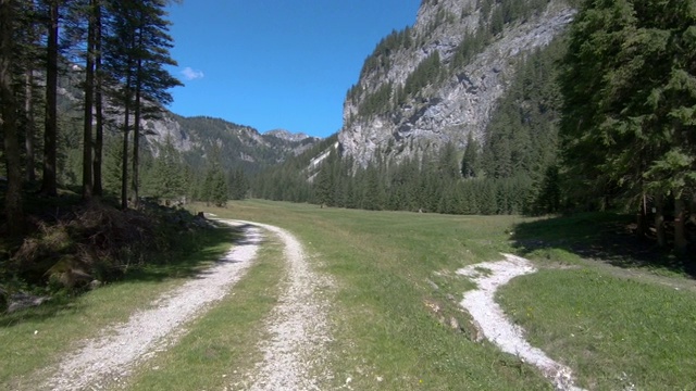 徒步旅行小径在一个绿色的山草地上，以山脉为背景。视频素材