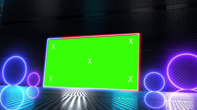 抽象创意隧道和绿色屏幕阿尔法通道广告牌模拟。霓虹、蓝紫色led条与科技、科幻、未来主义的网络朋克3D渲染与空白框架。视频素材