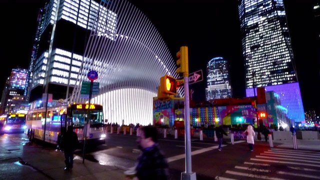 西田世界贸易中心夜景照明。人们走在十字路口。公共汽车上道路行驶。城市街道的野花。视频素材