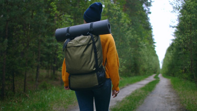 慢镜头:一名年轻女子在秋天的森林里徒步旅行。积极健康的白种女性背着背包，拿着木头。女性旅行者与徒步森林后视图，休闲，生物旅游，徒步旅行视频素材