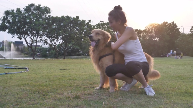 亚洲妇女与狗在公园玩视频素材