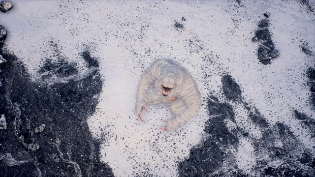 怪物在雪山在一个美丽的雾冬天的早晨。山里的大脚野人。动画神话，小说或幻想背景。视频素材