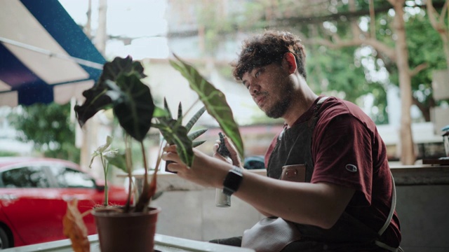 潮男给植物浇水，在家检查视频素材