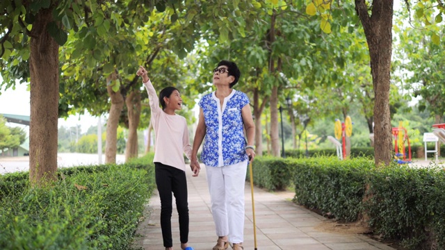 亚洲老年妇女在公园散步她的孙子，生活理念视频素材