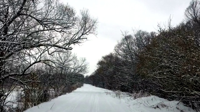 在冬天和暴风雪中，汽车在光滑的乡村道路上行驶视频素材