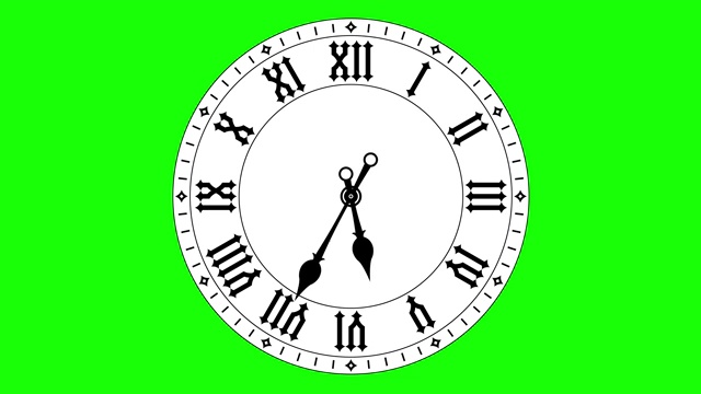 圆时钟从中午到午夜的循环运动。罗马数字在平坦的黑色钟面上。4 k动画视频视频下载