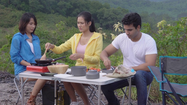 快乐的和一群朋友一起野餐，在夏天烹饪食物，男人和女人享受和乐趣露营旅行冒险和早餐一起休闲在假期，背包旅行在假期。视频素材