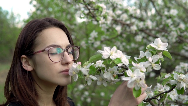 一个年轻女子在闻一棵开花的树。苹果园里的女孩。特写镜头视频素材