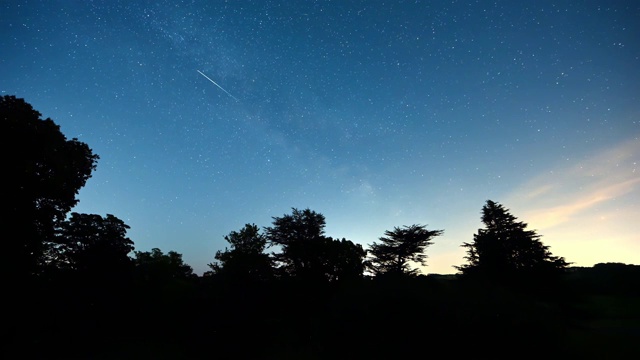 在晴朗的夜空中星星的一段时间，前景中有树木的剪影视频素材