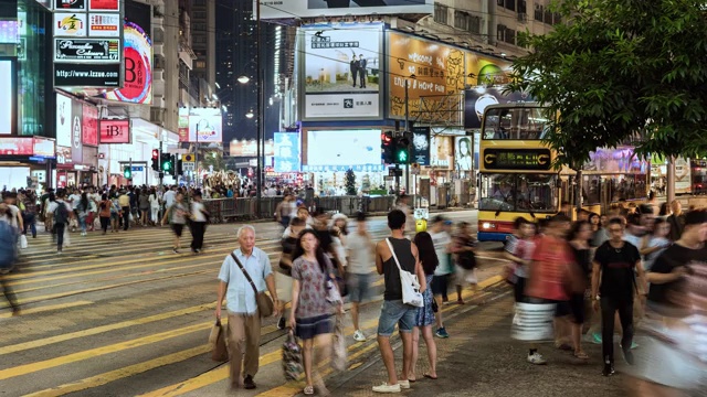 TL/ZO缩小了香港主要购物区的时间流逝，人们和通勤者正在穿过人行道视频素材