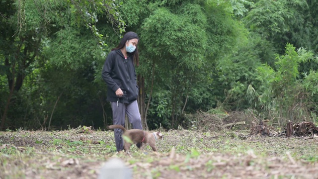 一个女孩戴着口罩带着一只猫在花园散步视频素材