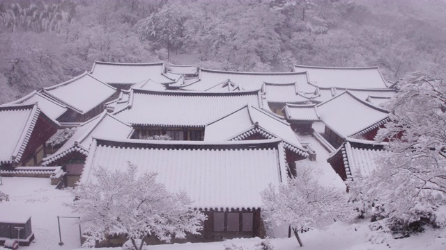 韩国全罗南道，若溪山/顺天溪松光沙寺的冬季雪景视频素材