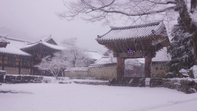 韩国全罗南道，若溪山/顺天溪松光沙寺的冬季雪景视频素材