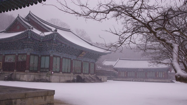 韩国全罗南道上溪山松光沙寺大恩保全殿冬雪景象视频素材