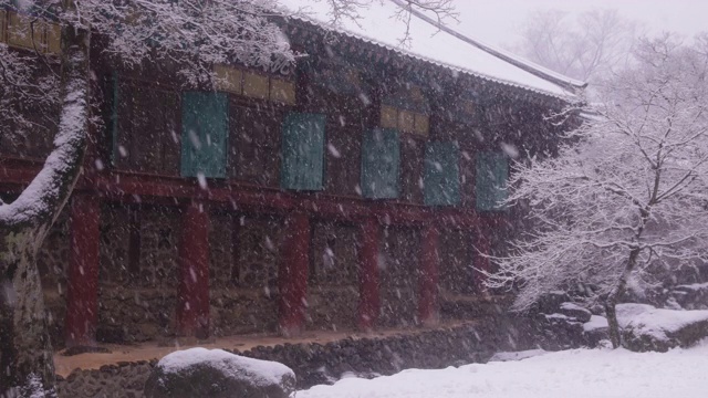 韩国全罗南道，若溪山/顺天溪松光沙寺的冬季雪景视频素材